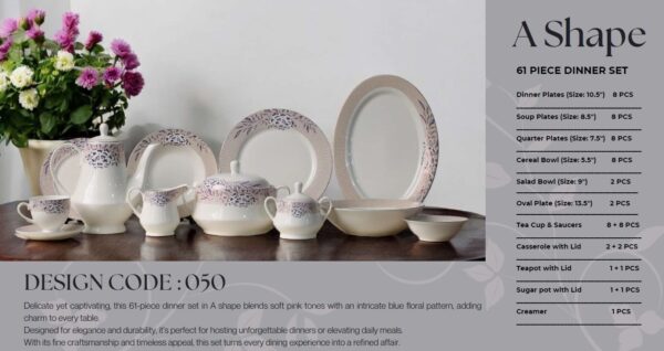 61 Pc Bone China Dinner Set (A050) | High-Quality, Stylish, Premium Crockery