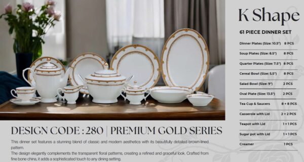 61 Pc Bone China Dinner Set (K280 PREMIUM GOLD SERIES) | High-Quality, Stylish, Premium Crockery