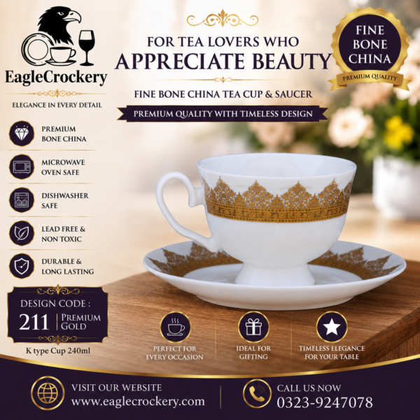 High-Quality Bone China Cup & Saucer Set (K-211) | Elegant, Durable, Ideal for Home & Gifting