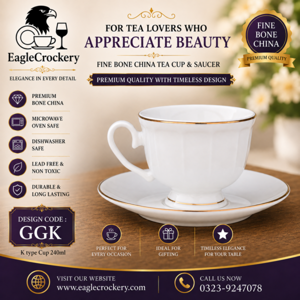 High-Quality Bone China Cup & Saucer Set (K-GGK) | Elegant, Durable, Ideal for Home & Gifting