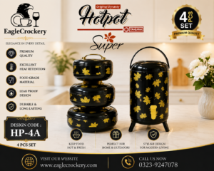 Dynasty (Black Golden Leves) Color 4 Pcs Gift Set (Includes 3 Hot Pots and 1 Cooler) In Discounted Price