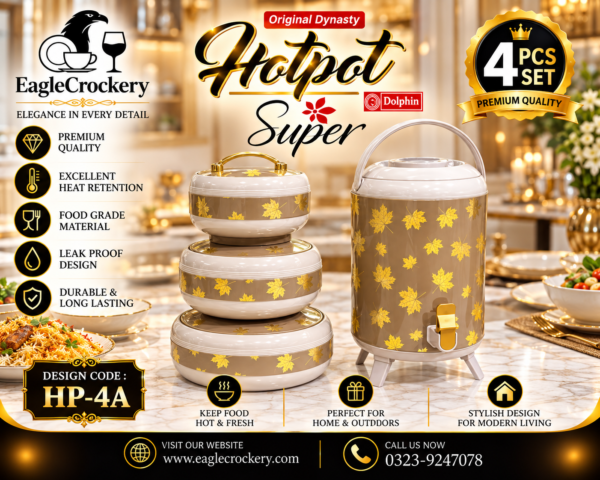 Dynasty (White Golden Leves) Color 4 Pcs Gift Set (Includes 3 Hot Pots and 1 Cooler) In Discounted Price