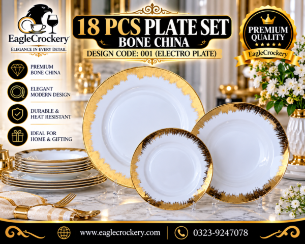 Bone 18 Pcs Plate Set (001 Electro Plate) | Elegant, Durable, Heat-Resistant Plates & Bowls