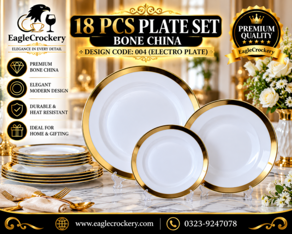 Bone 18 Pcs Plate Set (004 Electro Plate) | Elegant, Durable, Heat-Resistant Plates & Bowls