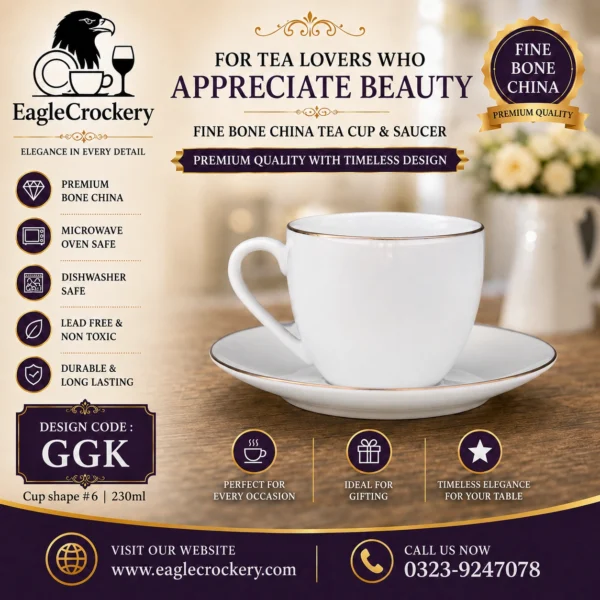 High-Quality Bone China Cup & Saucer Set (6-GGk) | Elegant, Durable, Ideal for Home & Gifting
