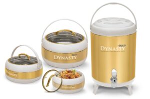 Dynasty (Gold) Color 4 Pcs Gift Set (Includes 3 Hot Pots and 1 Cooler) In Discounted Price