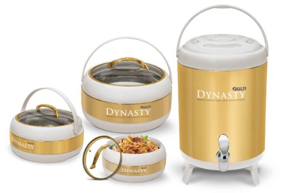 Dynasty (Gold) Color 4 Pcs Gift Set (Includes 3 Hot Pots and 1 Cooler) In Discounted Price