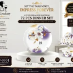 A 72-piece dinner set designed for everyday family dining and special occasions. It’s elegant in look, sturdy in build, and well-suited for home use or gifting (like weddings, housewarmings, festivals).