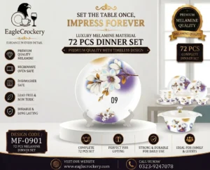 A 72-piece dinner set designed for everyday family dining and special occasions. It’s elegant in look, sturdy in build, and well-suited for home use or gifting (like weddings, housewarmings, festivals).