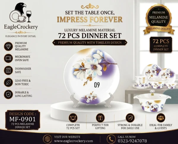 A 72-piece dinner set designed for everyday family dining and special occasions. It’s elegant in look, sturdy in build, and well-suited for home use or gifting (like weddings, housewarmings, festivals).