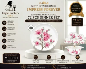 A 72-piece dinner set designed for everyday family dining and special occasions. It’s elegant in look, sturdy in build, and well-suited for home use or gifting (like weddings, housewarmings, festivals).