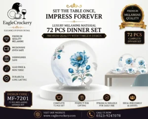 A 72-piece dinner set designed for everyday family dining and special occasions. It’s elegant in look, sturdy in build, and well-suited for home use or gifting (like weddings, housewarmings, festivals)