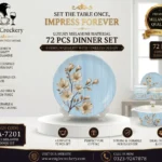 A 72-piece dinner set designed for everyday family dining and special occasions. It’s elegant in look, sturdy in build, and well-suited for home use or gifting (like weddings, housewarmings, festivals).