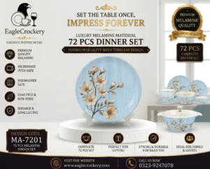 A 72-piece dinner set designed for everyday family dining and special occasions. It’s elegant in look, sturdy in build, and well-suited for home use or gifting (like weddings, housewarmings, festivals).
