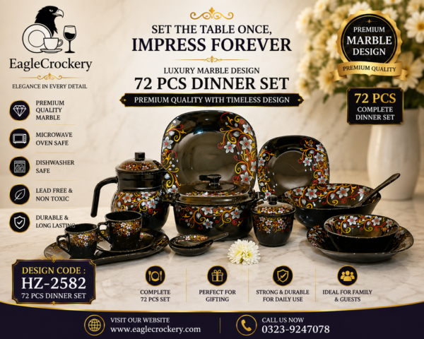 Black Marble Dinner Set | Black Carroly (2582) | Elegant, Durable, Heat-Resistant Plates & Bowls