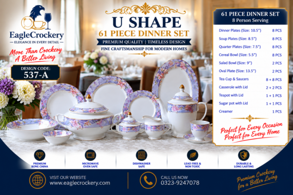 61 Pc Bone China Dinner Set (U537-A) – Premium Quality, Stylish & Elegant Dinnerware